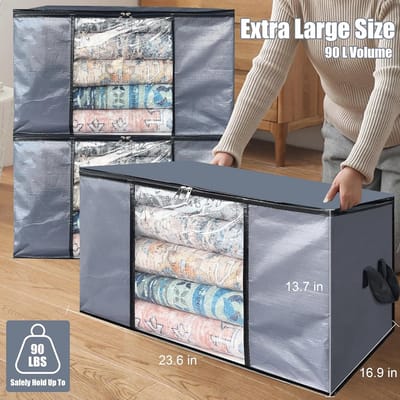 Duurzame 90L Opbergzakken - Opbergcontainers voor Kleding en Dekens, Stevige Geweven Stof, Inklapbaar met Rits, 6 Stuks