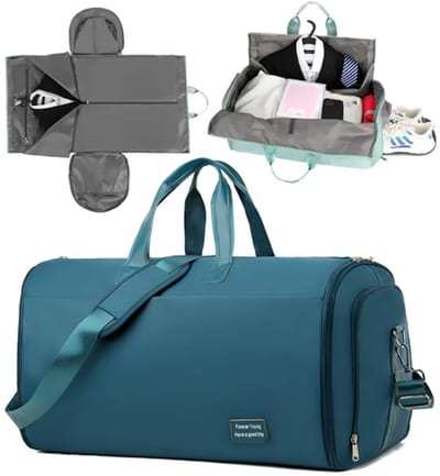 KZQ Reistas, 45L Grote Omvormbare Hangende Kledingzak en Weekender Tas voor Mannen en Vrouwen, 2 in 1 Sporttas met Schoenenvak, Waterdichte Lichtgewicht Handbagage met Trolley Sleeve, Pauwblauw