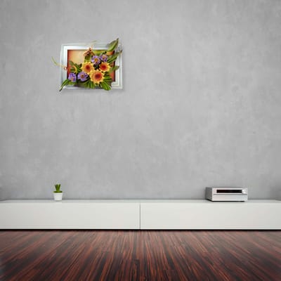 Schilderij van Leer Zonnebloem & Viooltje - Wanddecoratie - Wanddecoratie woonkamer - Wanddecoratie Slaapkamer- Wand decoratie