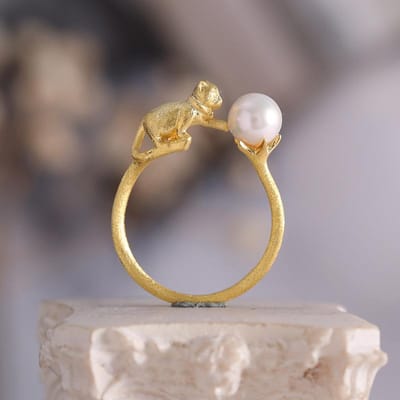 Luxe Elegante Parel Katten Sieraden Sets Verfijnd Oud Goud Ambacht Kunst Oorbellen Voor Vrouwen Ring Ketting gray