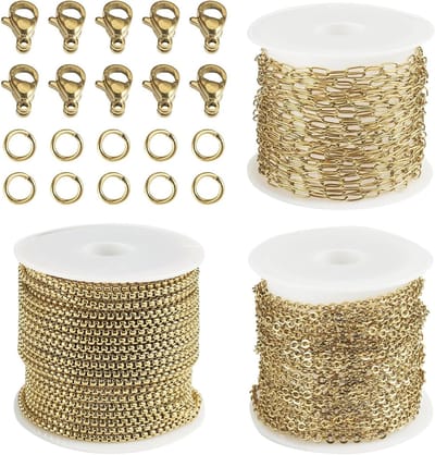 3 Rollen Rvs Paperclip Kettingen met Gouden Verbonden Schakels en Lobster Claw Sluitingen voor Sieraden Maken, Creatieve DIY Accessoires