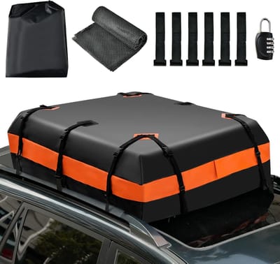 COSTWAY 450 l dakkoffer voor auto, waterdichte dakkoffer met cijferslot, 6 deurhaken, antislipmat en draagtas, opvouwbare bagagebox voor alle voertuigen met/zonder bagagedrager, zwart