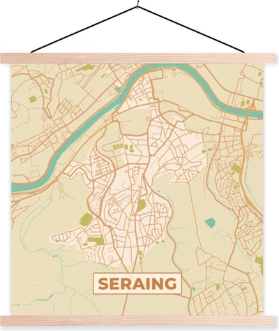 Posterhanger incl. Poster 40x40 cm - Schoolplaat - Vintage - Kaart - Seraing - Plattegrond - Stadskaart - Textielposter - Blanke latten - Stadskaart