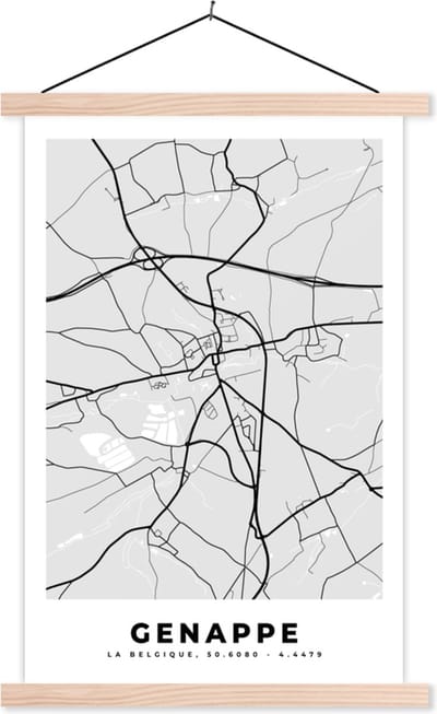 Posterhanger incl. Poster 40x60 cm - Schoolplaat - Stadskaart – Plattegrond – België – Zwart Wit – Genappe – Kaart - Textielposter - Blanke latten - Stadskaart