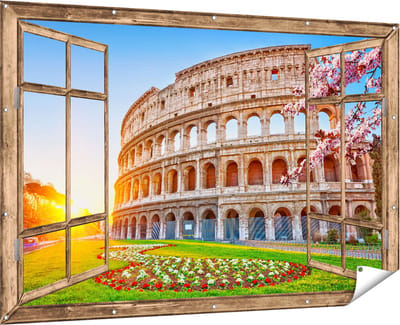Gards Tuinposter Doorkijk Colosseum bij Zonsopgang in Rome, Italië - 180x120 cm - Tuindoek - Tuindecoratie - Wanddecoratie buiten - Tuinschilderij