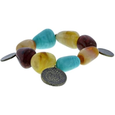 Behave - Kralenarmband bruin blauw met munt hanger - boho festivalstij