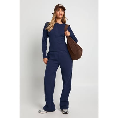 boohoo Dames Katoenen knop door ronde hals top & broek co ord | Marineblauw | Maat: 36