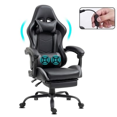 Delman Ergonomische Gaming Stoel met Massagefunctie – Bureaustoel met Voetsteun, Verstelbare Rugleuning tot 135°, Hoofdsteun en Lendenkussen, 360° Draaibare Game Stoel voor Werk en Gaming