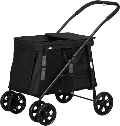 Hondenbuggy - Hondenwagen - Huisdierenbuggy - Opvouwbaar - Oxford Stof - Gaasraam - Zijvakken - Wandelen - 102x62x105 cm - Tot 20 kg - Zwart