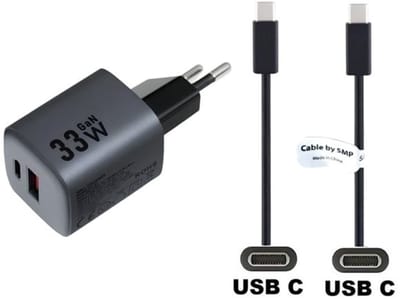 OneOne 33W super snellader USB A - USB C poorten en glazen screenprotector + 1,0m USB C naar USB C kabel. Krachtige zwarte PD PPS lader. Compacte oplader adapter met GaN III technologie. Screenprotector past op Apple iPhone 17 Pro