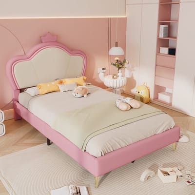 DESMIU Gestoffeerd Eenpersoonsbed 90x200cm – Kinderbed Met Zachte Beschermranden – Hoofdbord Met Kroonvorm – Opbouw Zonder Matras – Voor Kinderkamer – Pu-Leer – Roze En Wit