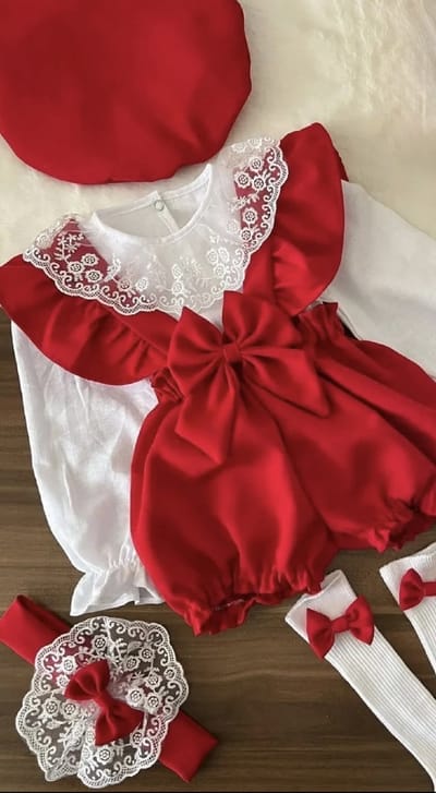 Dutchdreumes set Mila rood luxe meisjesset fotoshoot babykledingset feestkleding kerst maat 56/62 5 delige set