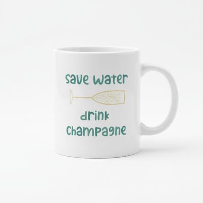 Grappige Tekst Koffiemok “Save Water Drink Champagne” – Elegante Humor Mok voor Champagne Liefhebbers – Keramische Koffiebeker 330 ml