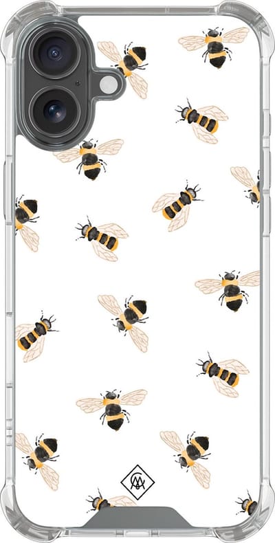 Casimoda® hoesje - Geschikt voor iPhone 16 - Bee Happy - Shockproof case - Extra sterk - Siliconen/TPU - Bruin/beige, Transparant