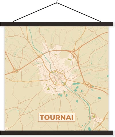 Posterhanger incl. Poster 60x60 cm - Schoolplaat - Retro - Tournai - Plattegrond - Stadskaart - Kaart - Textielposter - Zwarte latten - Stadskaart