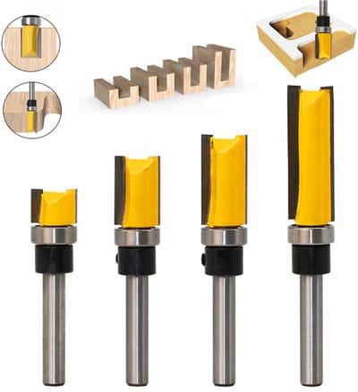 4 stuks contourtrimmessenset - Top Bearing Flush Trimming Cutter - Pattern Flush Trimming Milling Cutter Set - 1/4 Inch Shank Diameter - Shank Contour Straight Cutting Cutter Ideal for edge trimming veneer or laminate processing