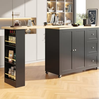MEUNIQ keukenkast 135-203 x 39 x 106 cm 360° draaibaar met wielen, 3 lades, 2 deuren en snackrek, uitklapbare opbergkast voor keuken, eetkamer en woonkamer, zwart