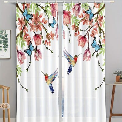 2 stuks Gordijnen met digitale print Woonkamer Chinese schilderkunst Geluk Ek Vogel Print Gordijn Slaapkamer Studiekamer Raamdecoratie W50H130(CM)x2pcs&HOOK brown