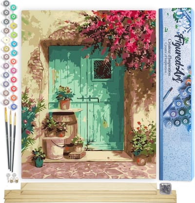 Figured'Art Schilderen op Nummer Volwassenen canvas Groene deur - Handwerk acrylverf Kit DIY Compleet - 40x50cm met DIY houten lijst