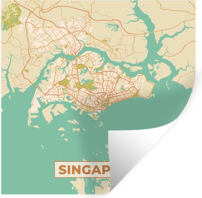 Muurstickers - Sticker Folie - Singapore - Plattegrond - Stadskaart - Vintage - Kaart - 100x100 cm - Plakfolie - Muurstickers Kinderkamer - Zelfklevend Behang XXL - Zelfklevend behangpapier - Stickerfolie