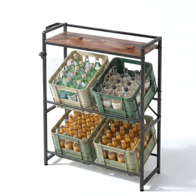 Blumtal Drankkistenrek Met Legplank - Houtlook - Metalen drankrek - Met flesopener & haken - Rek voor Drankkisten - Tot 50 kg per Plank - Zwart - 4 kratten