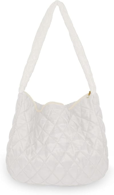 Gevulde Schoudertas voor Vrouwen, Grote Nylon Tote Bag met Rits, Ruitpatroon en Brede Handvatten voor Winkelen en Dagelijks Gebruik