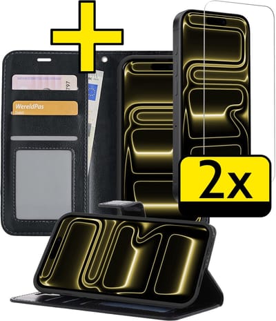 Hoesje - Met 2x Screenprotector - Geschikt voor Apple iPhone 17 Pro - Luxe Pasjeshouder - Bookcase Portemonee - Flip Case - Kunstleer Book Case - Flipcase Hoes - Book Cover - Walletcase - Portemonneehoes - Telefoonhoesjes - Zwart