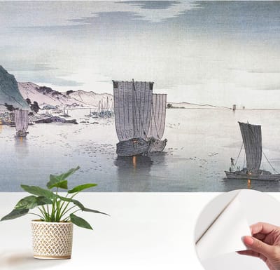 Wallfluent Zelfklevend Behang - Maritiem landschap Stickerbehang op rol - 152x104 cm - Grijs Zelfklevend Behang - Plakklare achterzijde - Voor de woonkamer, voor het kantoor, voor de slaapkamer Zelfklevend Behang