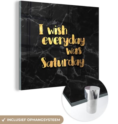 MuchoWow® Glasschilderij 50x50 cm - Schilderij acrylglas - Quote - Weekend - Goud - Marmer - Foto op glas - Schilderijen