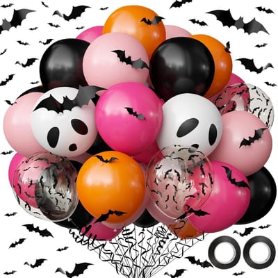 Joya Party® Halloween Ballonnen Versier Set 60-delig Feestset | Roze Zwart Oranje | Spook Ballonnen & Vleermuizen | Halloween Versiering Vleermuis | Kinderfeest & Themafeest Decoratie