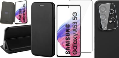 Hoesje geschikt voor Samsung Galaxy A53 - Book Case Kunstlederen Wallet Cover Minimalistisch Pasjeshouder Hoes Zwart - Tempered Glass Screenprotector - Camera Lens Protector