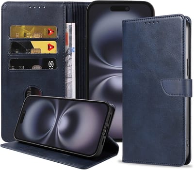 Geschikt voor iPhone 16 Telefoonhoesje Kunstleer met Magnetisch lipje en Pasjeshouder Book Case met Klepje - Blauw - Smartphonica geschikt voor iPhone 16