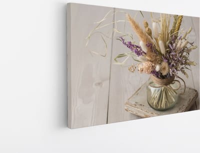 Saammp Canvas Schilderij - Gekleurde bloemen in glazen vaas - Natuur - 45x30 - Foto op canvas - Wanddecoratie - Muurdecoratie Woonkamer - Kantoor Decoratie