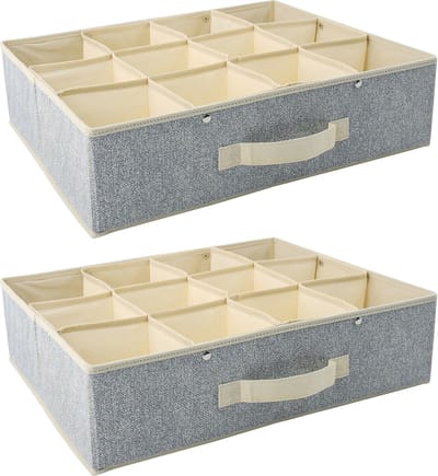 MSV kleding/kast organizer - 2x - 12 vakken - grijs - 45 x 36 x 12 cm - opbergdoos