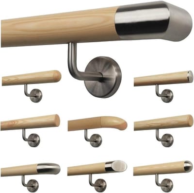 TIBU Kiezen leuning, trappenleuning, handrail van 30–500 cm uit één stuk met roestvrijstalen houder, lengte 30 cm met 2 houders en roestvrijstalen hoek aan het einde