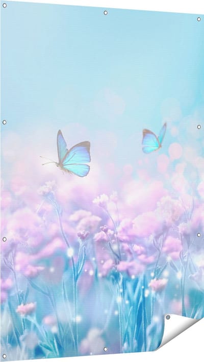 Gards Tuinposter Twee Blauwe Vlinders bij Roze Bloemen - 100x150 cm - Tuindoek - Tuindecoratie - Wanddecoratie buiten - Tuinschilderij