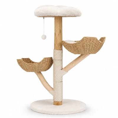 ITRONIQ Luxe Kattenkrabpaal 110 CM - Houten Kattenmeubel Met Klimboom en Ligplek - Modern Design - Sisal - Stevig - Naturel wit