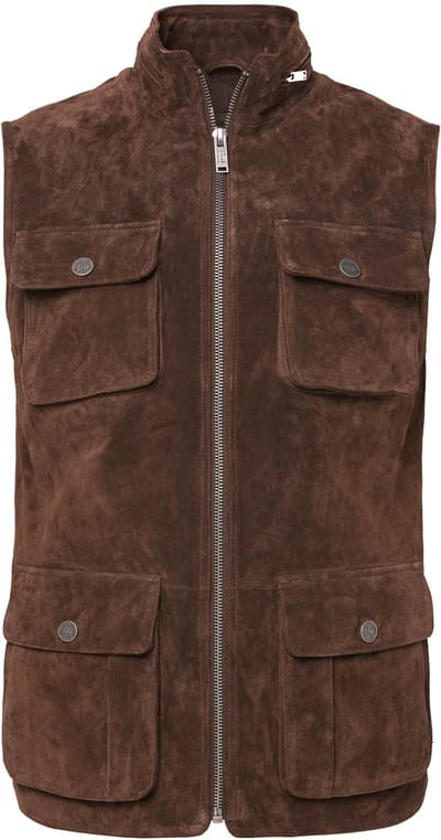JP 1880 - Heren - Leren gilet leer stevig pigsplit suède opstaande kraag - Bruin - Maat 6XL