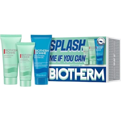 Biotherm Skin Fitness Try-Out Set Voor Mannen: SPLASH ME IF YOU CAN – AQUAPOWER SET, Complete Hydratatie Routine met Aquapower Advanced Gel 20ml, Aquapower Cleanser 40ml, Aqua Fitness Shower Gel 40ml