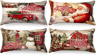 Vintage Kerst Kussenhoezen Set van 4, Retro Santa Claus Kussenhoezen voor Woonkamer, Slaapkamer en Feestelijke Decoratie 30x50 cm en 12x20 cm