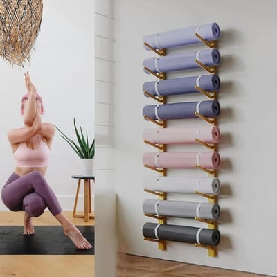 Yoga Mat Houder - Muurrek Accessoires - Sportruimte Organiseren - Stijlvol Ruimtebesparend - Tot 9 Matten - Houtkleur