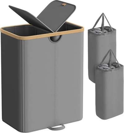 SONGMICS - Wasmand met 2 compartimenten - wasverzamelaar - 150 liter - hoogte 75 cm - wassorteerder met deksel, waszak, uitneembare waszakken - grijs