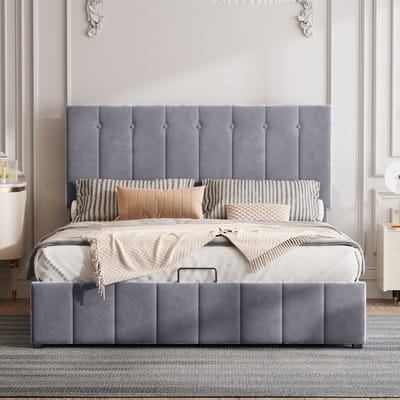 Wishdor – Gestoffeerd Bed 140x200 cm – Met Hydraulische Lift – Verstelbaar Hoofdbord – Slimme Ruimtebesparing – Fluweel – Grijs