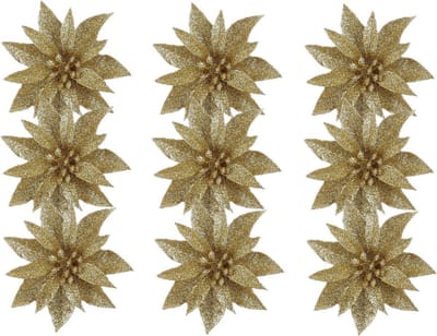 House of Seasons Kerstboom bloemen op clip - 12x stuks - goud - kunststof - kerstornamenten