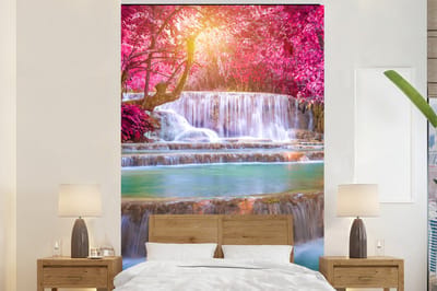 Behang - Fotobehang Waterval - Regenboog - Bomen - Roze - Natuur - Breedte 170 cm x hoogte 260 cm