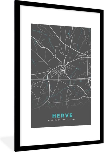 Fotolijst incl. Poster - Plattegrond – Herve – Blauw – Stadskaart - Kaart - België - 80x120 cm - Posterlijst