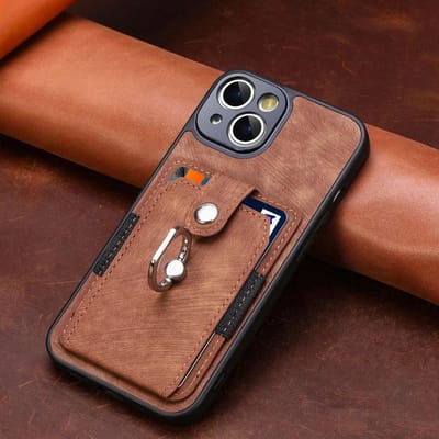 Leren Portemonnee Kaartsleuf Telefoonhoesje voor IPhone 15 14 13 12 11 Pro XR X XS Max 8 7 Plus Magnetische Vingerring Houder Cover Casing iPhone 15 Pro Max brown