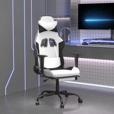 vidaXL - Gamestoel - met - voetensteun - kunstleer - wit - en - zwart