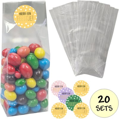 20x Uitdeelzakjes Met Sluitstickers - 20 Stickers & 20 Zakjes - Blokbodemzakjes - Cellofaanzakjes - Traktatie Blokbodem Zakjes - 80 x 50 x 250mm - 20 Sets - Hoera Een Feestje