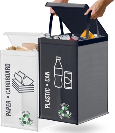 PromoHome Recycling afvalzakken set van 2 x 50L - Duurzame afvalscheidingszakken voor plastic en papier - Met handvat en klittenband - Zwart